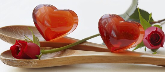 Poster - Two heart shaped jellies on a wooden spoon with a rose displayed on a white background with copy space image