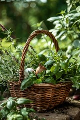 Fragrant different herbs in a bowl. Selective focus.