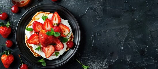 Poster - Plate with pancakes topped with strawberries cream mint honey and cherry on dark black background with copy space image