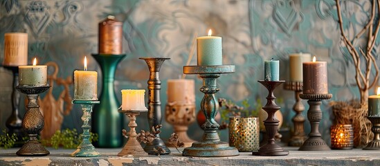 Aufkleber - Assorted vintage candle holders and various charming decor pieces for the home with a copy space image