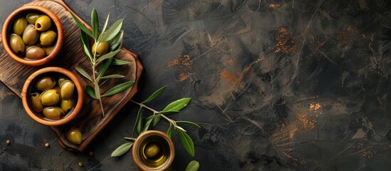 Aufkleber - Olives and olive oil in bowls displayed on a cutting board with a top down view suitable for adding text or images on the blank space. with copy space image. Place for adding text or design