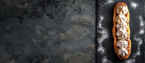 Fototapete - French eclair a classic dessert on a dark slate backdrop providing room for text or images Shot from above. with copy space image. Place for adding text or design