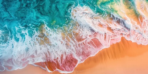 Wall Mural - Aerial View of Turquoise Ocean Waves Crashing on a Sandy Beach