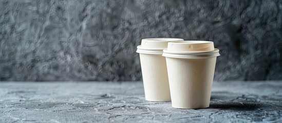 Aufkleber - Front view of two white takeaway cups of tea or coffee on a concrete surface with a copy space image