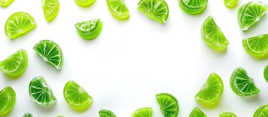 Poster - Top down view of various green gummy candies arranged within a frame isolated on a white background with ample space for text or design