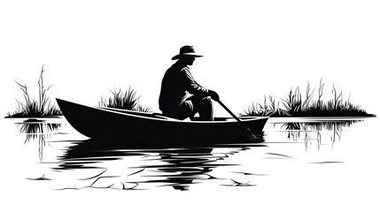 Canvas Print - a man sitting in a boat fishing with a hat