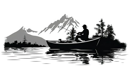 Sticker - a man in a boat wearing a hat fishing on a lake