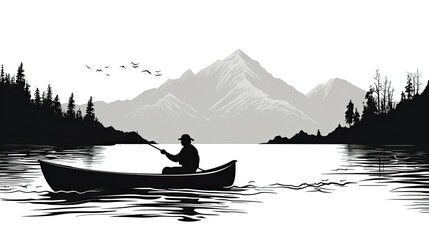 Wall Mural - a man in a boat wearing a hat fishing on a lake