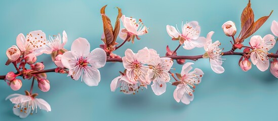 Leinwandbilder - Close up view of spring cherry blossoms against a blue backdrop with copy space image available