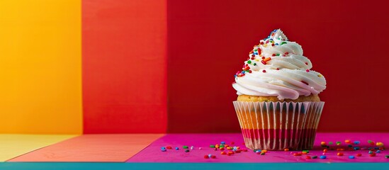 Poster - Delicious cupcake displayed on a colored backdrop with copy space image