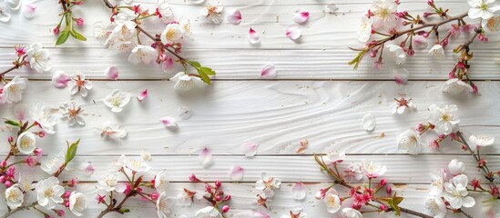 Aufkleber - A top down view of sakura tree sprigs with flowers and petals on a white wooden backdrop suggesting spring with available copy space image