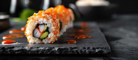 Fototapete - A delicious sushi roll featuring warm breaded salmon eel rice cucumber cream cheese and pepper elegantly displayed on a black stone with copy space image