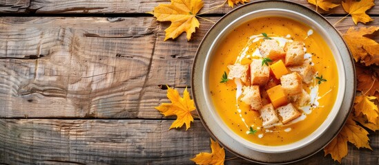 Aufkleber - Autumn cream soup with croutons on rustic wooden backdrop featuring copy space image