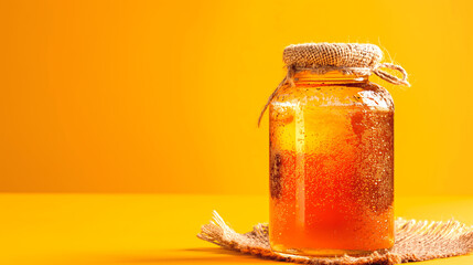 Poster - Jar of honey with burlap cover on burlap cloth against a solid yellow background.