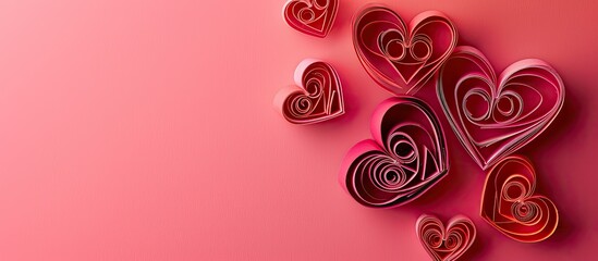 Poster - Valentine s Day festive long banner with paper quilled hearts on a bright pink background and soft light shadows suitable for celebration with copy space image