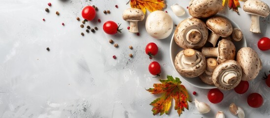 Aufkleber - Top view of organic autumn vegetables including mushrooms set on a white kitchen background for dinner preparation with ample copy space for images