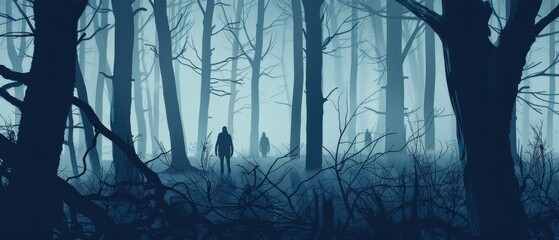 Wall Mural - A man and two other people are walking through a forest