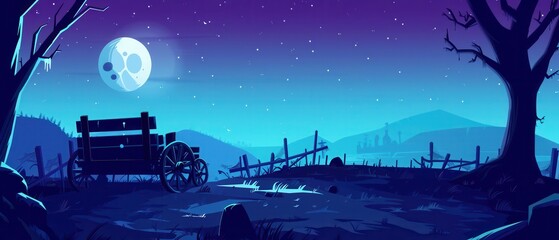 Wall Mural - A dark, moonlit night with a wagon and a bench in the foreground