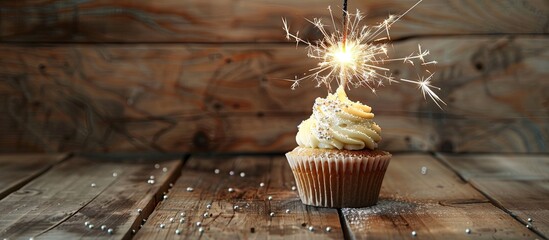 Poster - Wooden background with a cupcake topped with a sparkler Ideal for adding text with copy space image