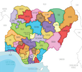  Vector illustrated regional map of Nigeria with states and administrative divisions, and neighbouring countries and territories. Editable and clearly labeled layers.