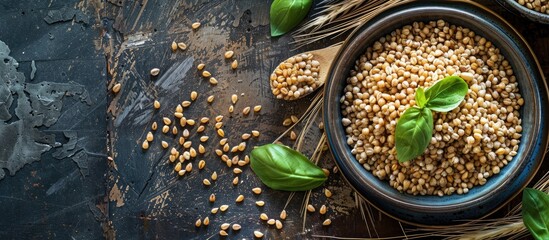 Poster - An image portrays a bowl filled with raw buckwheat on a textured wooden surface accompanied by wheat grains porridge and cereals in a plate illustrating healthy organic food choices with ample copy sp