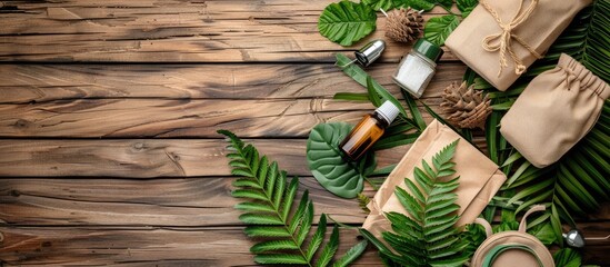 Poster - Top view of eco friendly accessories on a wooden surface with ample copy space image