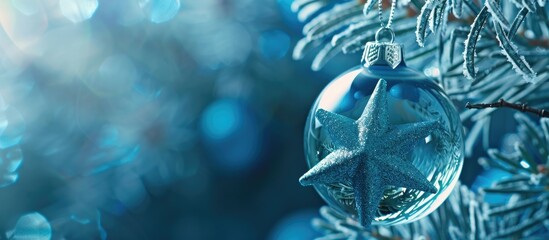 Wall Mural - Christmas themed background featuring a blue hue with an ice star showcased within a glass ornament offering copy space image