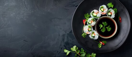 Aufkleber - Delectable rice paper rolls served on a black table seen from above with ample copy space image