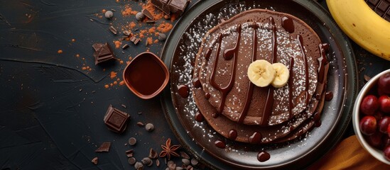 Fototapete - Top view of a chocolate banana pancake with copy space image available