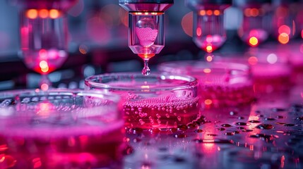 Poster - a close-up shot of a bioprinter dispensing a pink liquid into a petri dish. the image highlights the