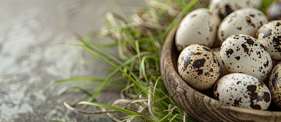 Leinwandbilder - Quail eggs displayed on grass in an Asian culinary setting with plenty of copy space image