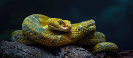 Aufkleber - Bush Viper Atheris squamigera showcased in a striking setting with a dark backdrop perfect for a copy space image