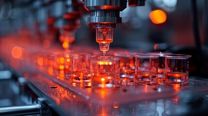 Poster - a close-up shot of a 3d bioprinting machine dispensing liquid into glass containers, highlighting th
