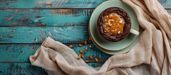 Top view arrangement of a homemade chocolate brownie cake with caramel cream and almonds paired with a cup of coffee set on a colorful wooden surface next to linen fabric offering ample copy space fo