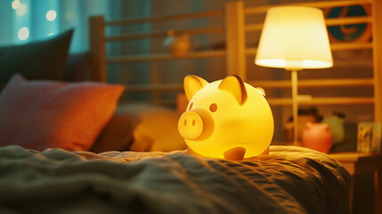 Wall Mural - Cozy bedroom with a pig-shaped bedside lamp glowing on a bed with pillows and comforter, accompanied by a nightstand in the background.