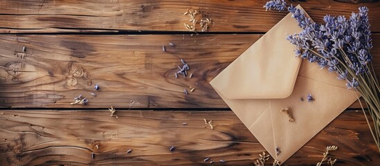Leinwandbilder - Top view of a greeting card mockup with an envelope dry lavender flowers on a wooden background offering ample copy space for personalization adds a charming touch