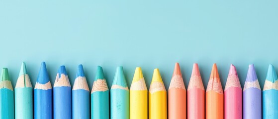 A row of colorful pencils on a blue background