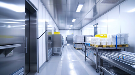 Interior of a clean and sterile laboratory or manufacturing facility with stainless steel equipment, white walls, bright lighting, and organized tables and carts.