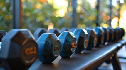 Wall Mural - Dumbbells in a Row on Rack at Gym