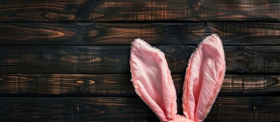 Poster - Top down view of the Easter bunny s ears against a dark wooden background with copy space image