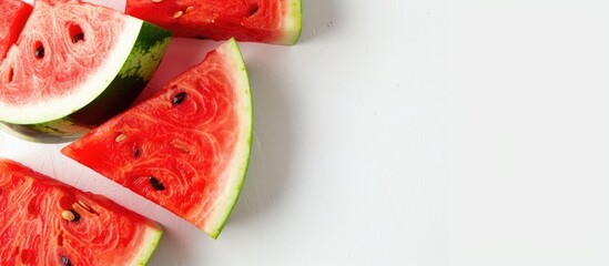 Leinwandbilder - Freshly sliced red watermelon displayed in a close up shot on a white background providing ample copy space for text