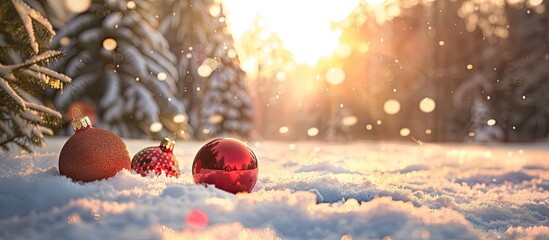 Poster - Festive ornaments and baubles adorn a snowy landscape under the soft winter sun with dense fir trees in the background creating a picturesque copy space image