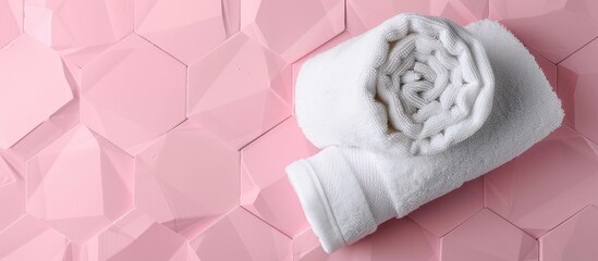 Poster - Top view of a white towel on a stylish pink geometric backdrop with space for texts or images. with copy space image. Place for adding text or design