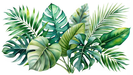 Serene Watercolor Tropical Leaves on a Transparent background. Spring Greenery, Cut Out.