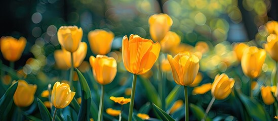 Wall Mural - Close up of yellow tulips in the garden creating a beautiful copy space image