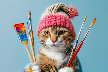 Wall Mural - cat best-seller dressed as an artist with knitted hat holding paintbrushes and colorful palette on light blue background