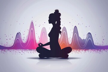 Poster - Abstract meditation scene with vibrant waves and a meditative person, blending dynamic energy and tranquility in a colorful illustration.