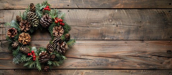 Leinwandbilder - A festive Christmas wreath with pine cones on a wood background ideal as a copy space image