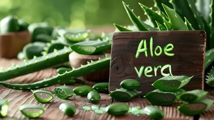 Wall Mural - Aloe vera capsules supplements on the table. Selective focus.