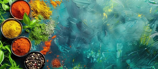 Aufkleber - Fresh spices and herbs arranged artistically on a colorful background with copy space image